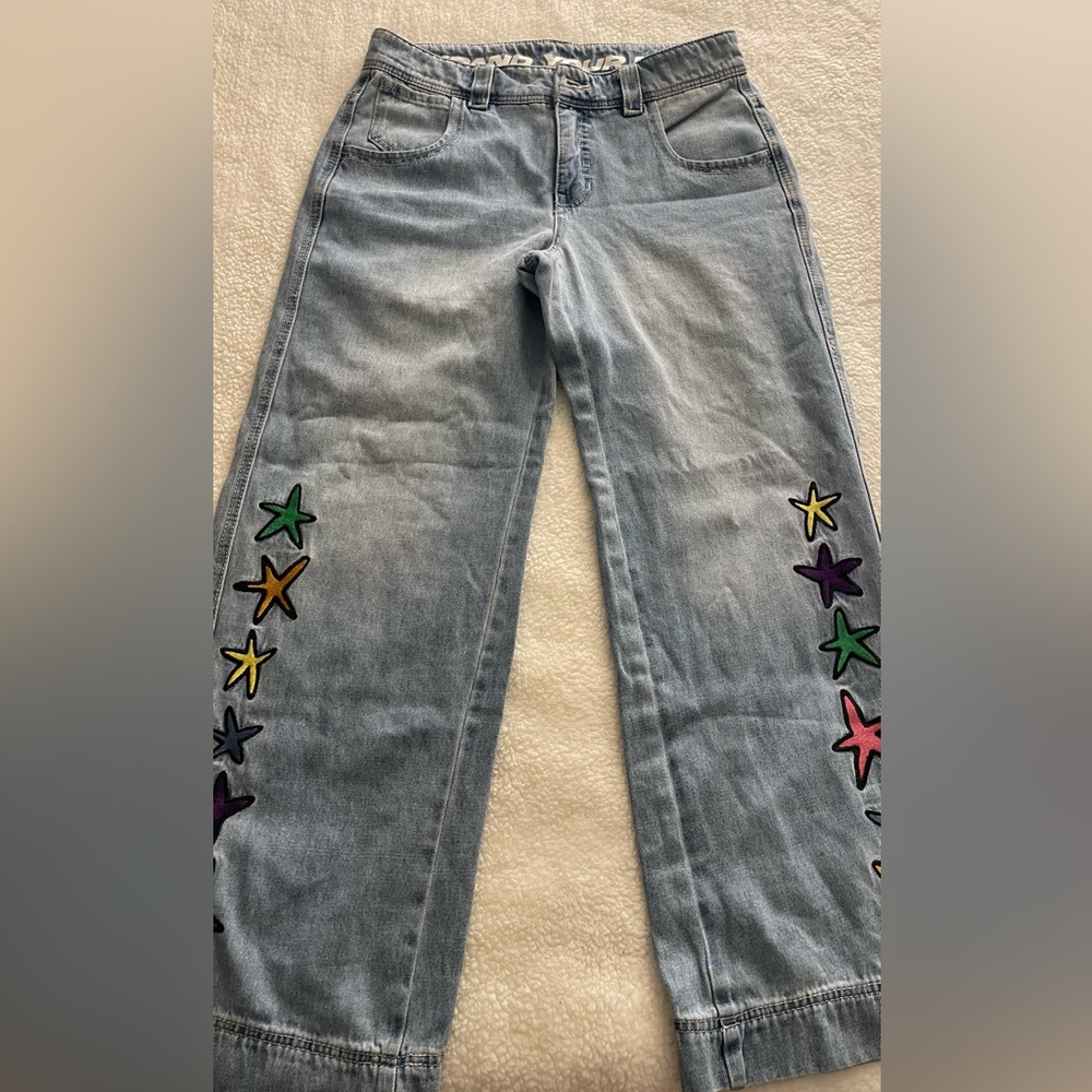 Alba Light Wash Wide Leg Jeans with Colorful Star Embroidery